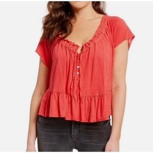 Free People Women's Charlie Tie Front Ruffle‎ Tee Top in Camelia Red
